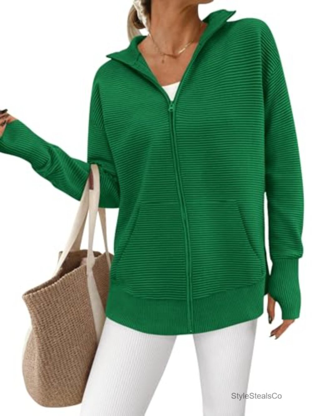 Womens Long Sleeve Zip Up Ribbed Knit Cardigan Sweater with Thumb Holes